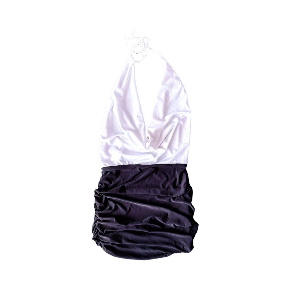Roma Two Tone Low Cowl Neck Ruched Halter Mini Dress, Black and White, Size S/M - Picture 10 of 12
